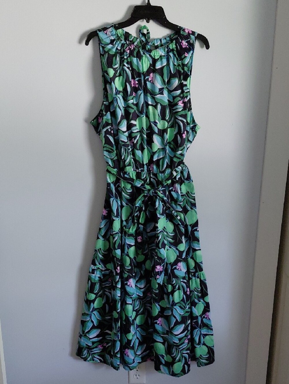 Ava & Viv Green Lime Novelty Print Midi Dress Garden Floral Tropical Tie Waist